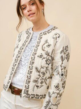 Blue B Mixed Embroidered Zip Up Jacket in Vanilla Black L